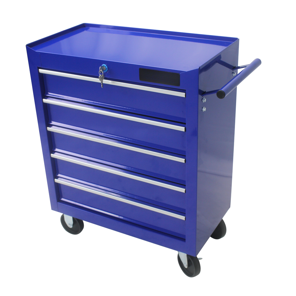 Blue drawer rolling tool chest with silver handles and lock