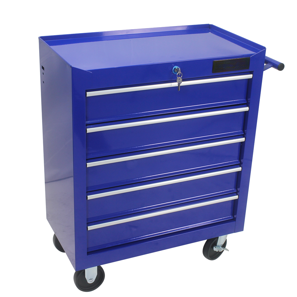 Blue drawer rolling tool chest with silver handles and a lock