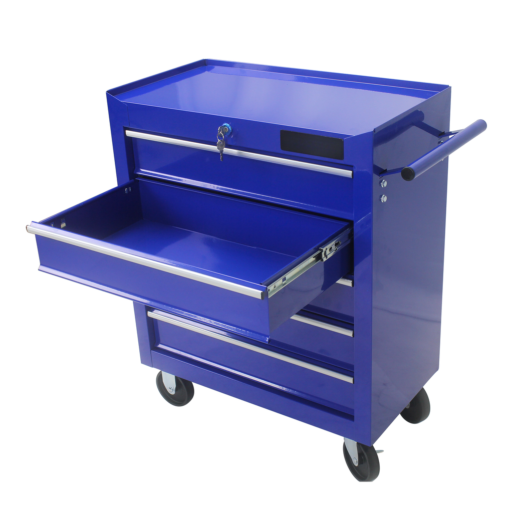 Blue rolling tool chest with one drawer open