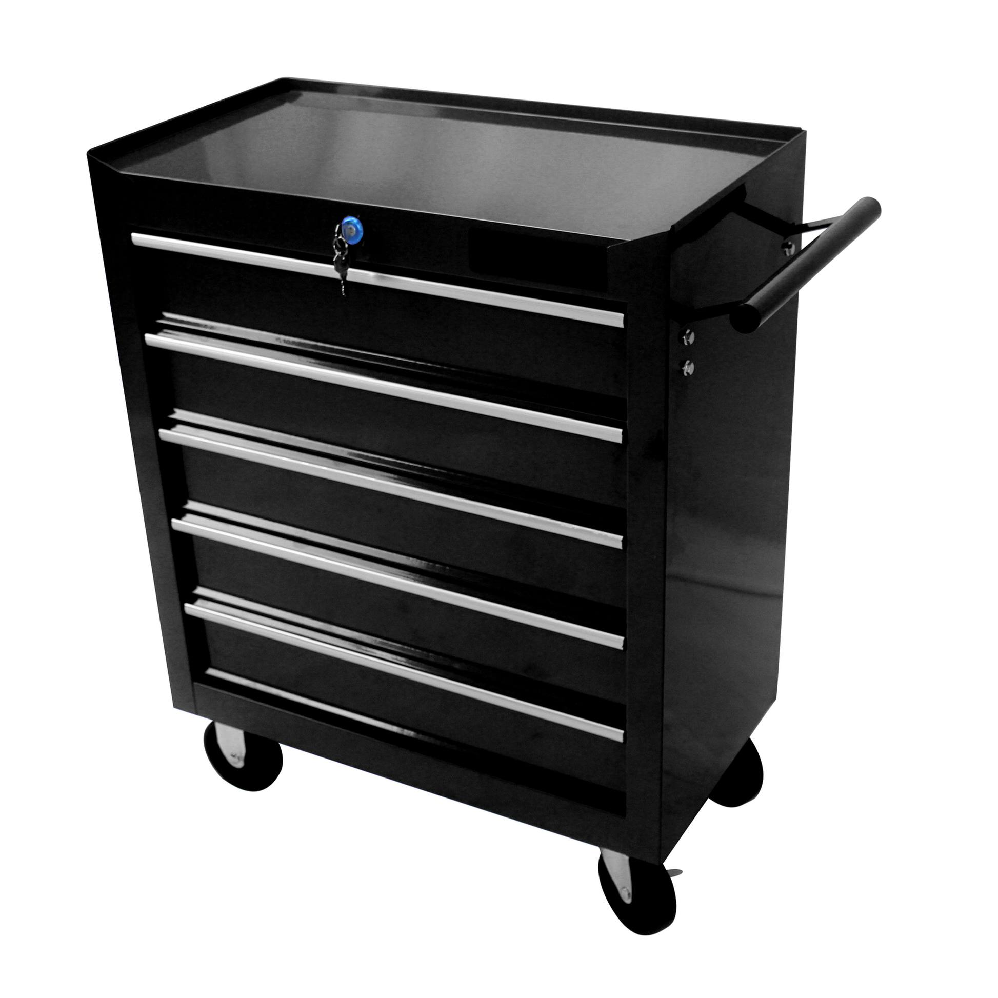 Black drawer rolling tool chest with silver handles and a lock