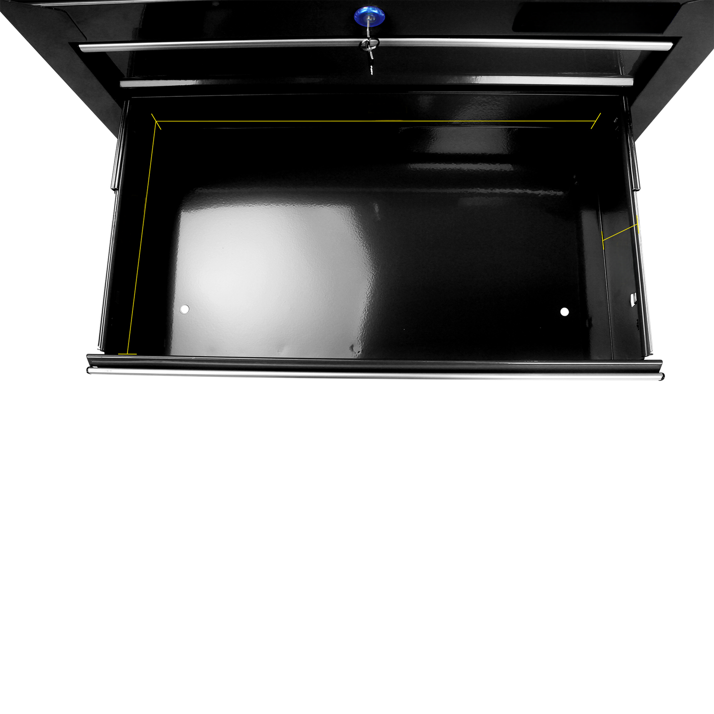 Top view of an open black steel tool chest drawer with silver handle and blue lock