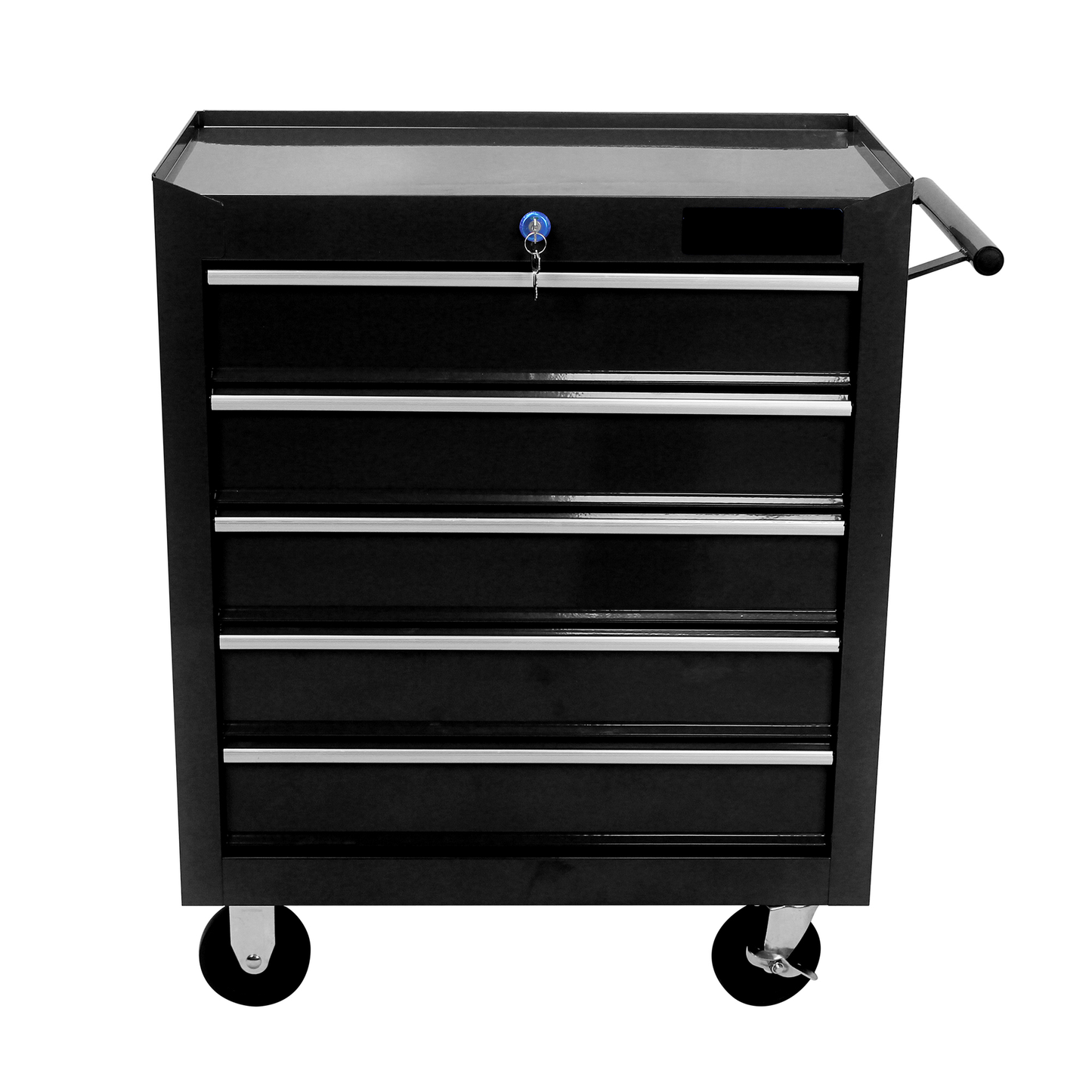 Black rolling tool chest with six drawers and a handle