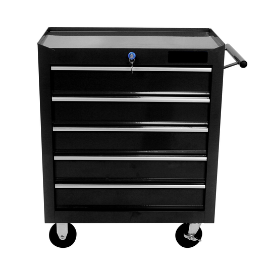 Black rolling tool chest with six drawers and a handle