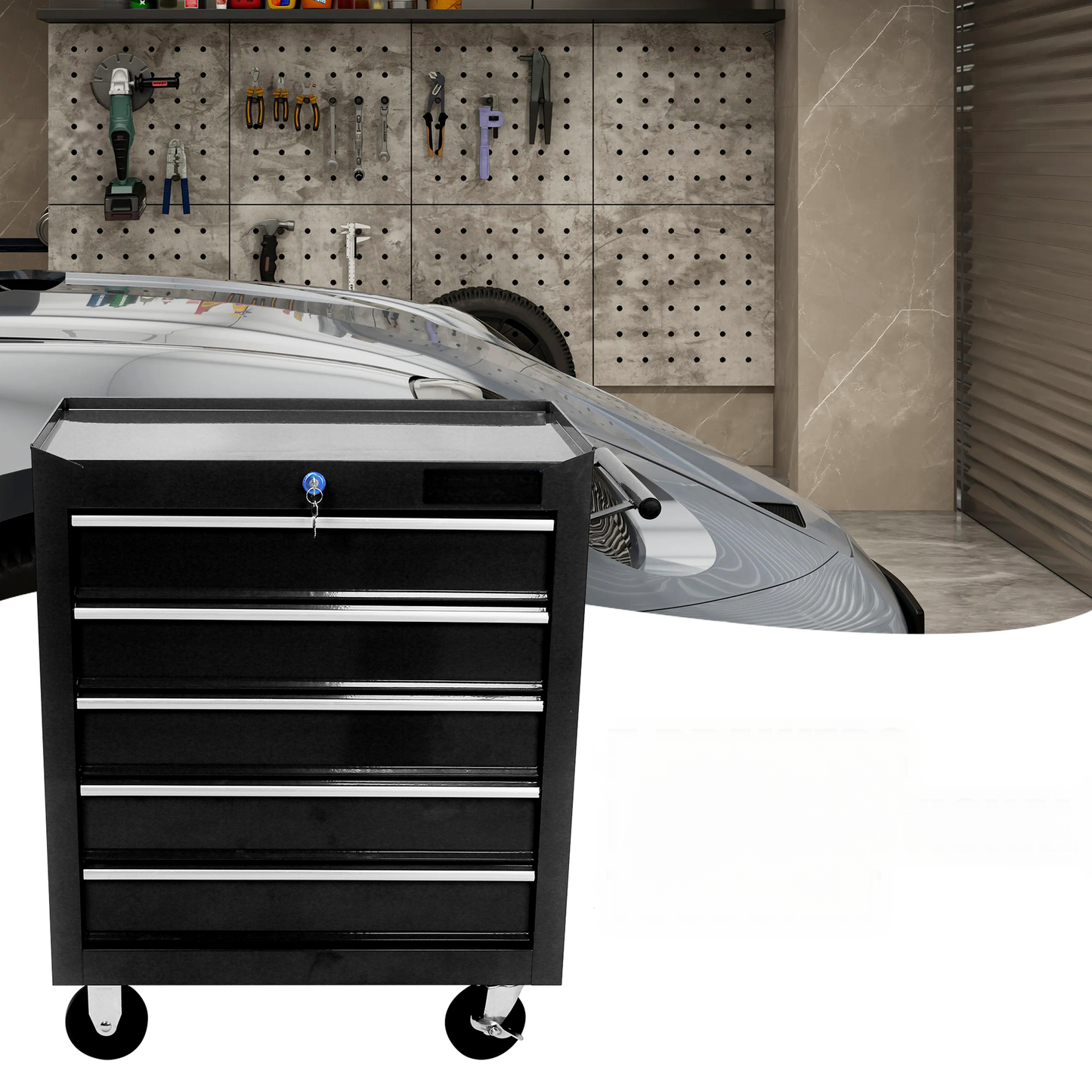 Black drawer rolling tool chest with silver drawer pulls and a blue lock