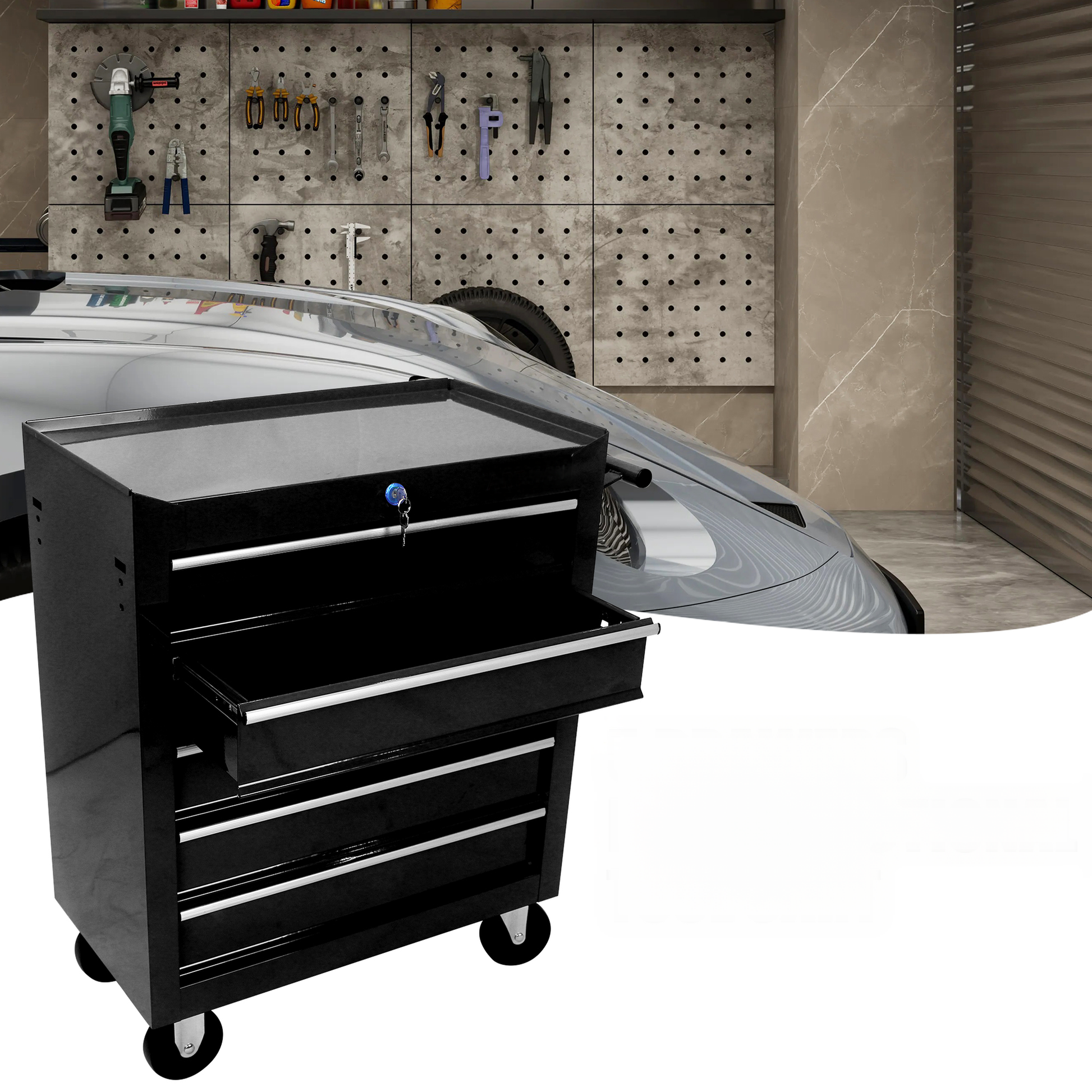 Black metal drawer tool chest on wheels ideal for garage organization