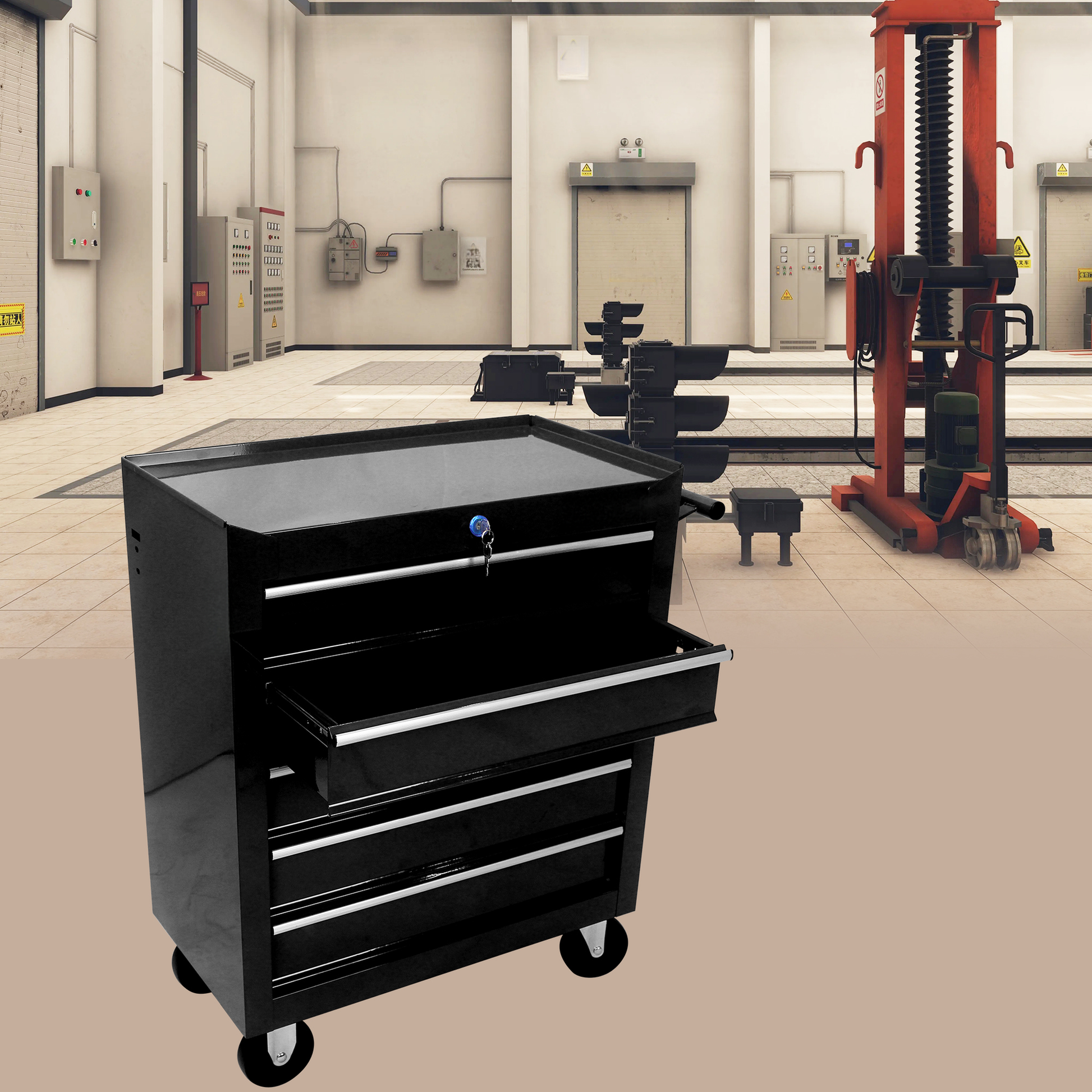 Black metal rolling tool chest with three drawers and a keyed lock