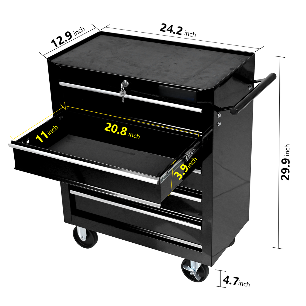 Black metal rolling tool chest with three drawers