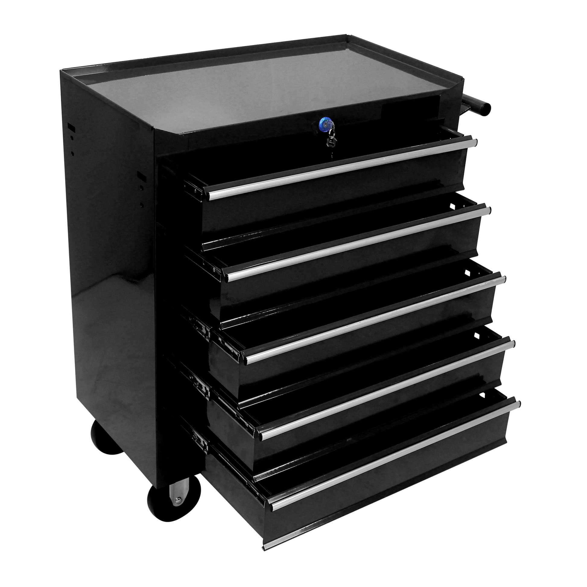 Black metal rolling tool chest with  drawers and silver handles
