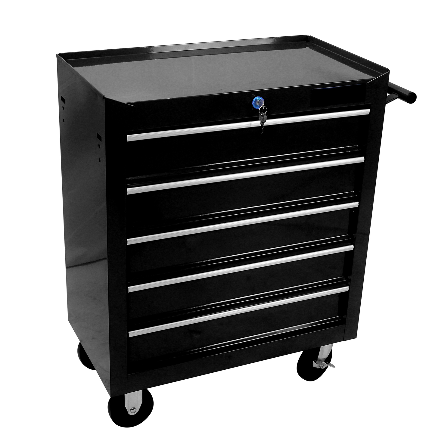 Black rolling tool chest with  drawers and silver handles
