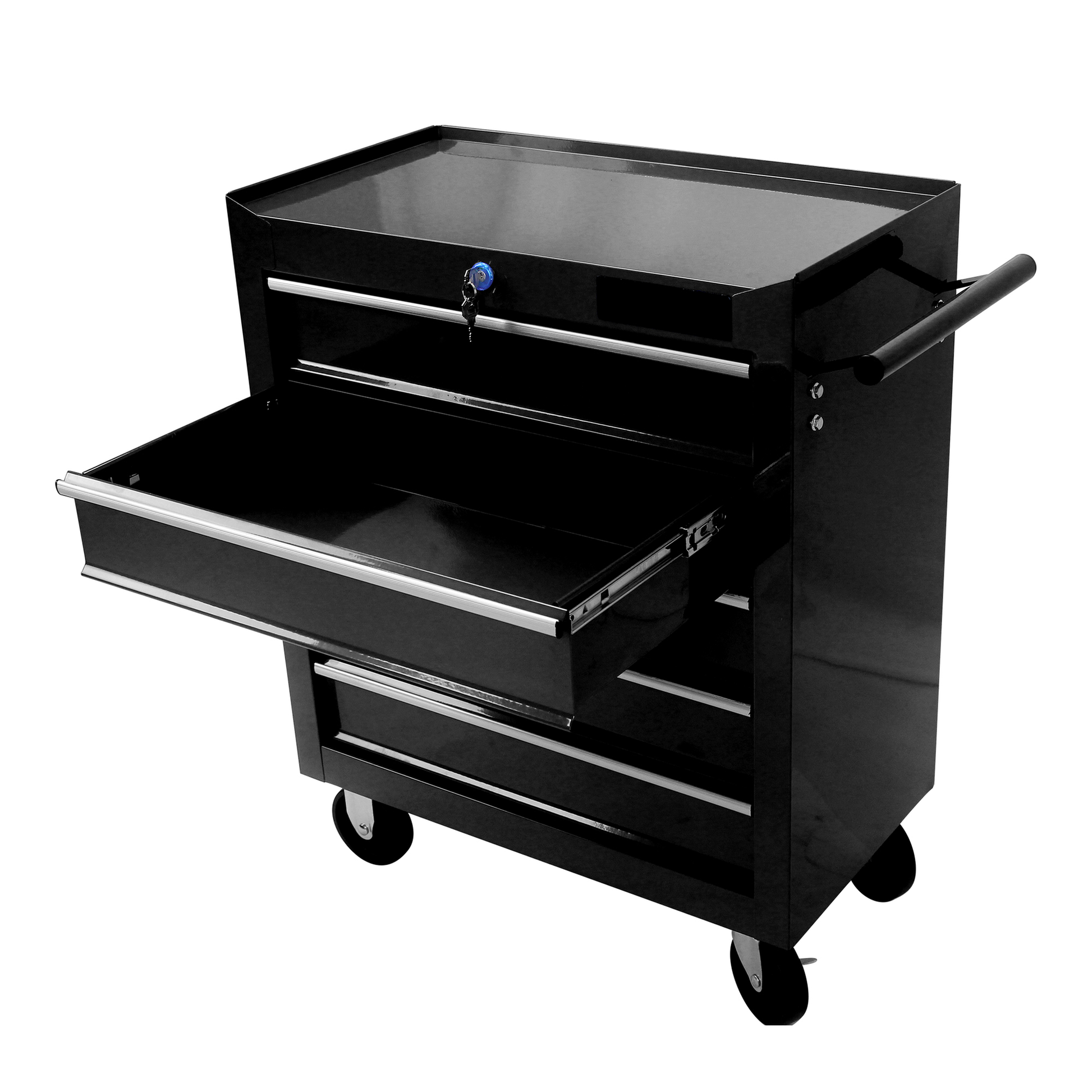 Black rolling tool chest with one drawer open and a key in the lock