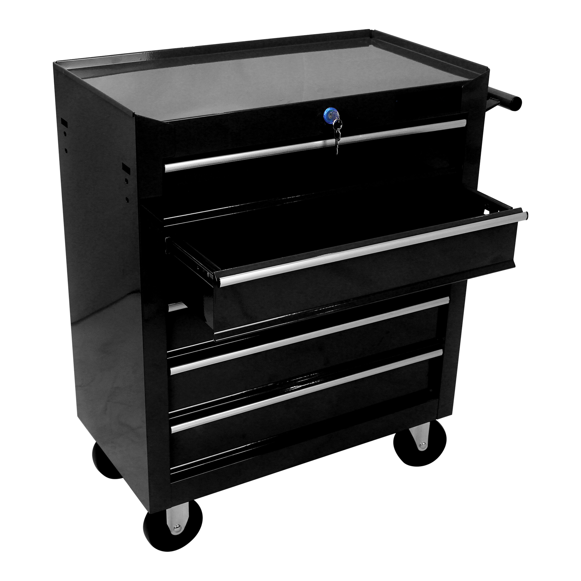 Black rolling tool chest with four drawers and a keyed lock