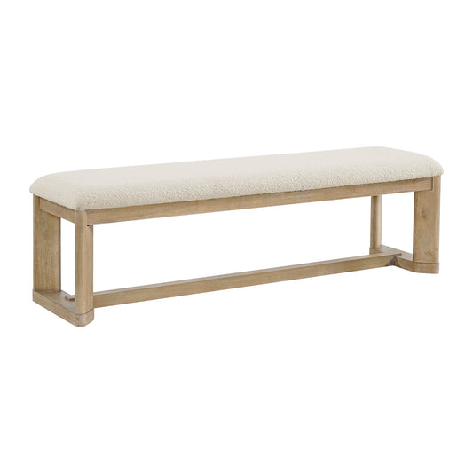 Cream boucle upholstered bench with light oak wood frame