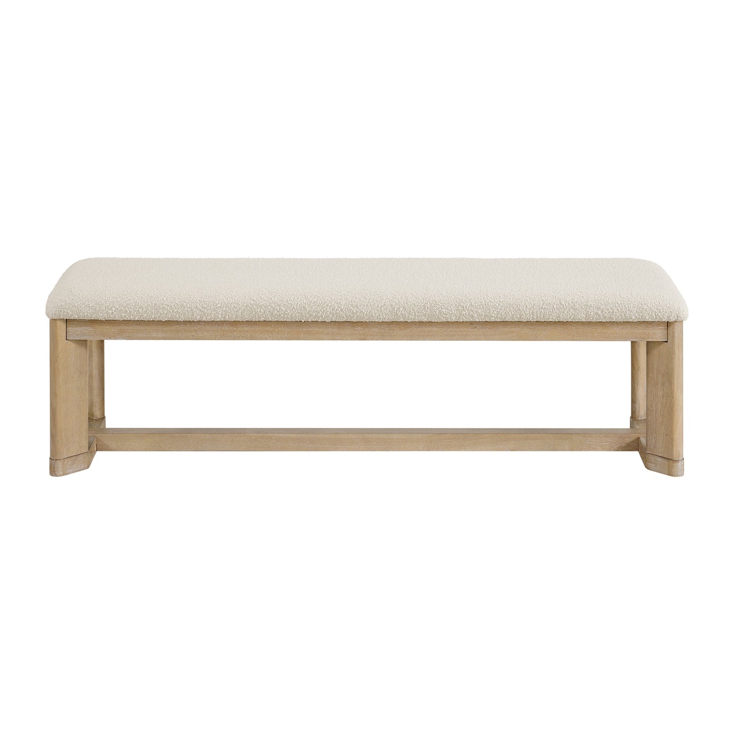 Cream boucle upholstered bench with light wood legs