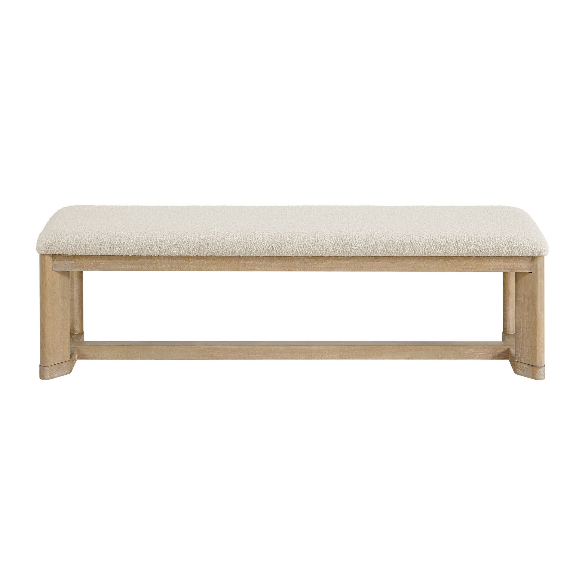 Cream boucle upholstered bench with light wood legs