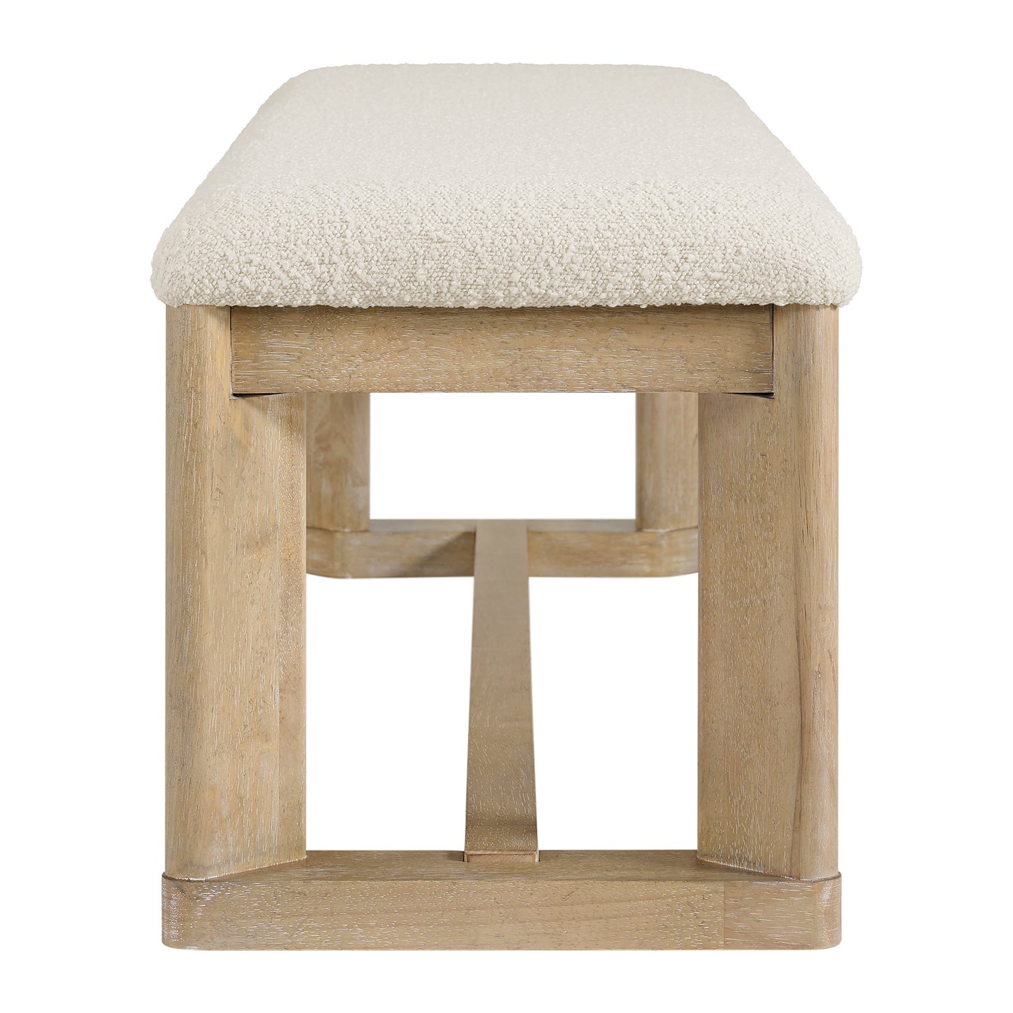 Cream boucle upholstered bench with light oak wood frame