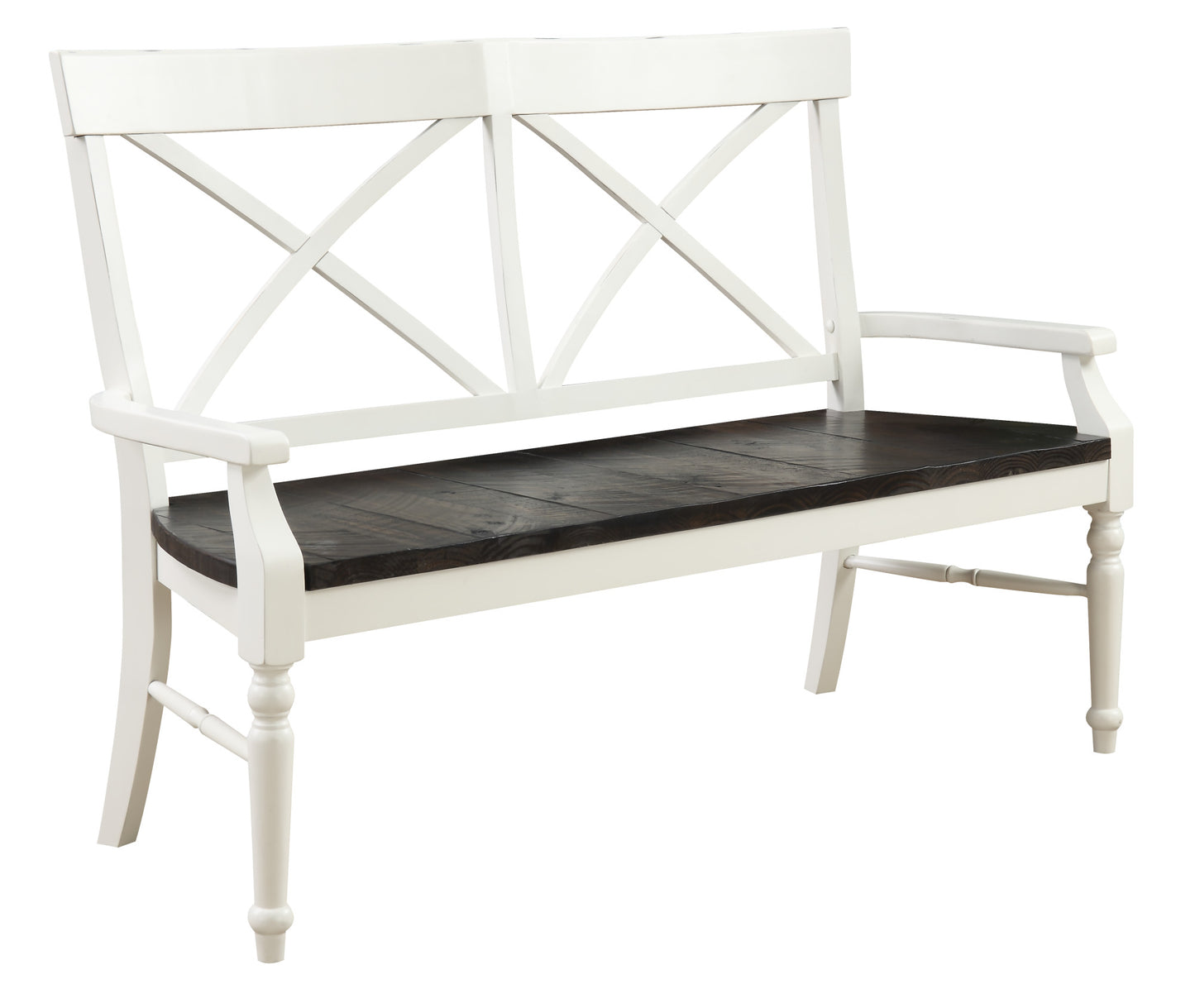 White and dark wood accent bench with Xshaped backrest