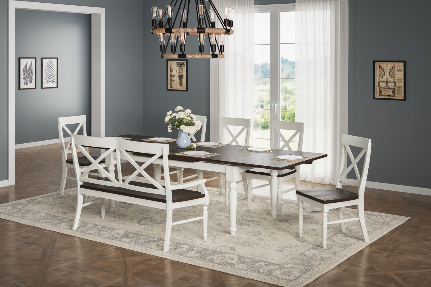 Farmhouse dining set with dark wood table and white chairs