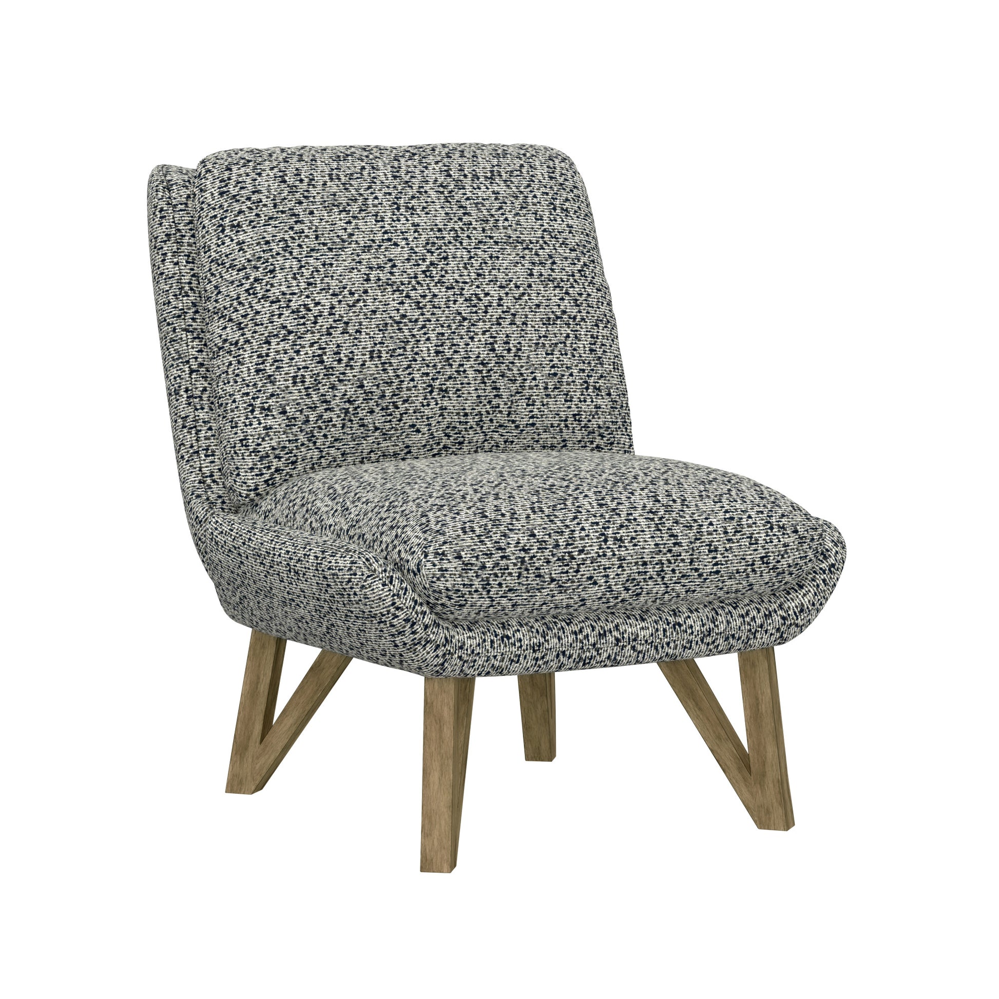 Textured accent chair with gray and white fabric and wooden legs