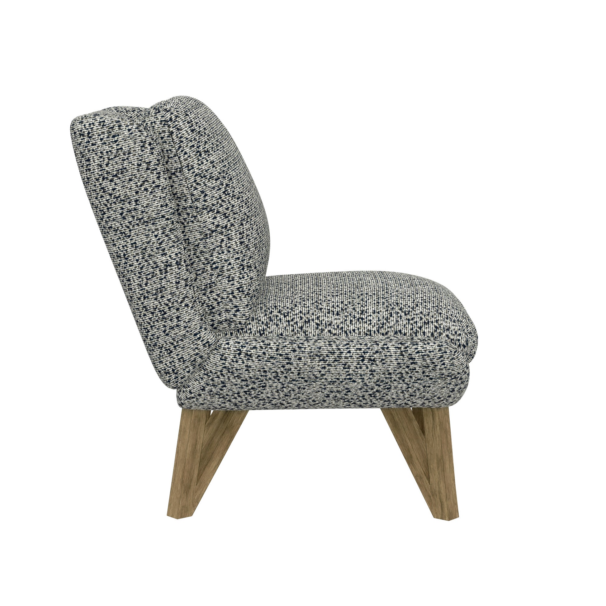 Textured armchair with black and white speckled fabric and wooden legs