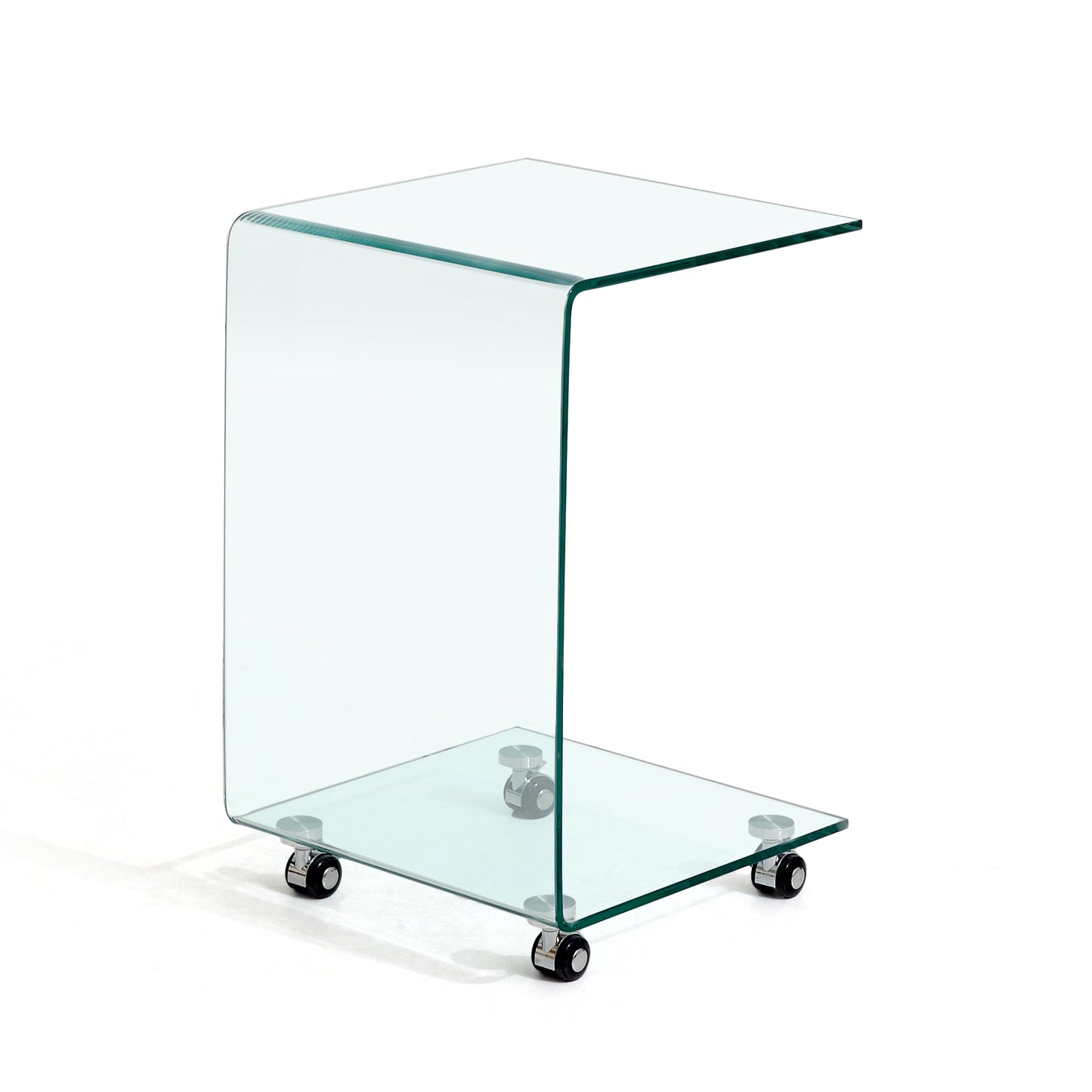 Curved glass side table with casters