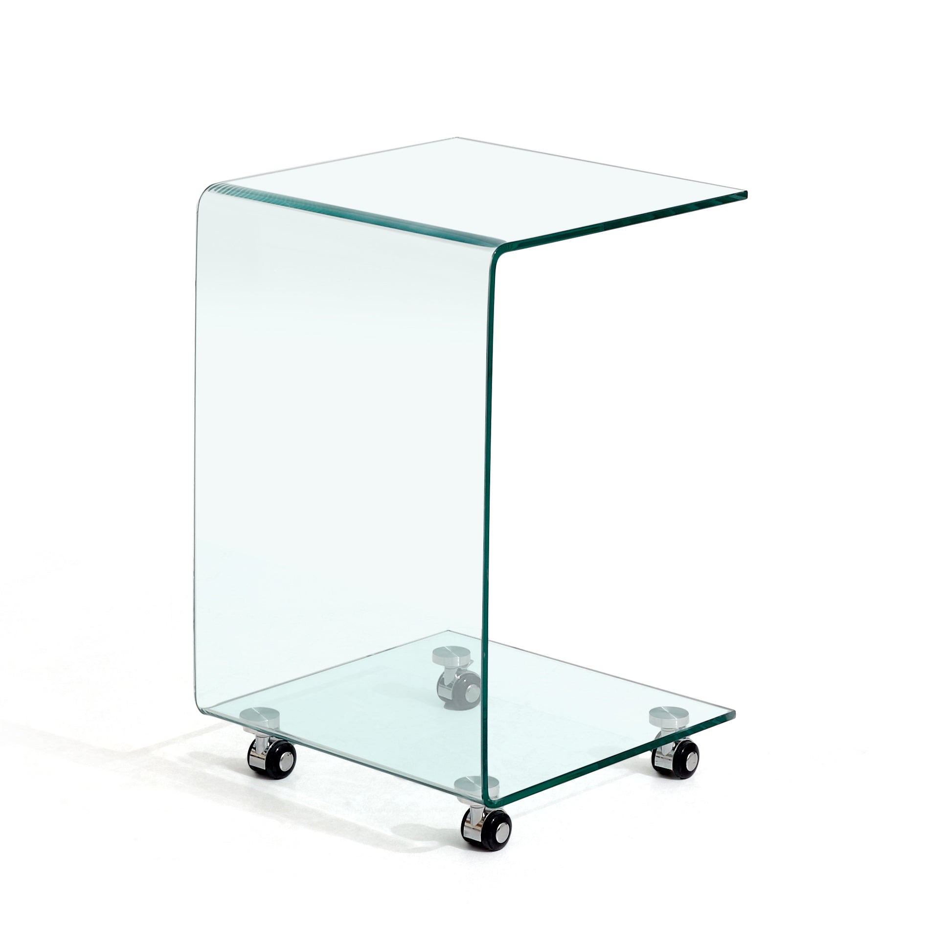 Curved glass side table with casters
