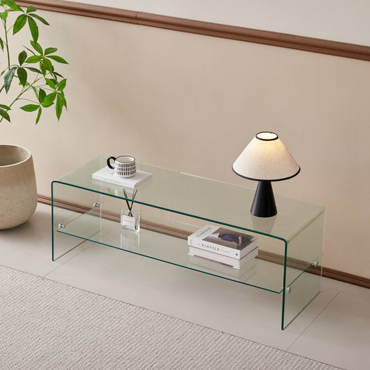 Modern clear glass coffee table with two shelves