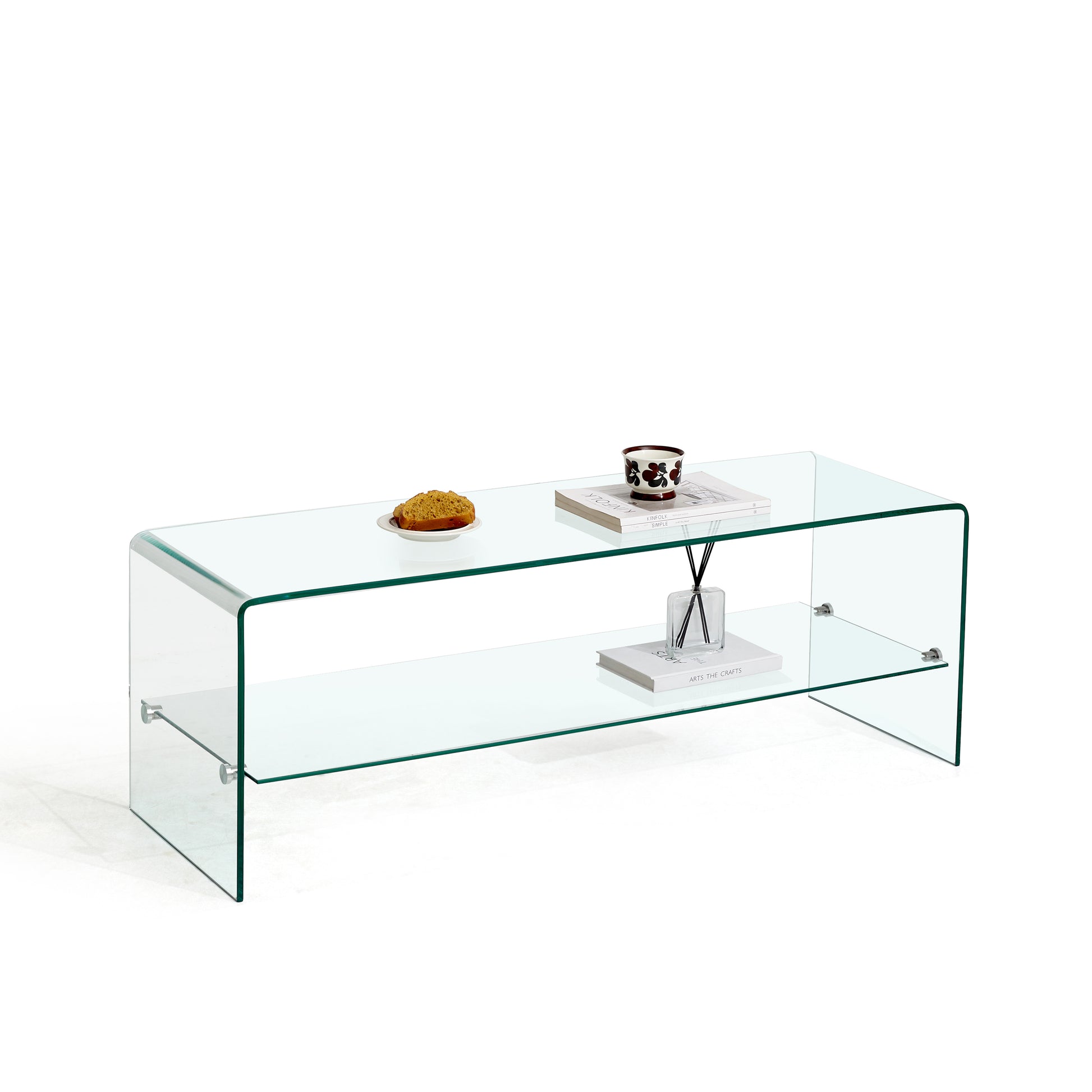 Curved clear glass coffee table with two shelves