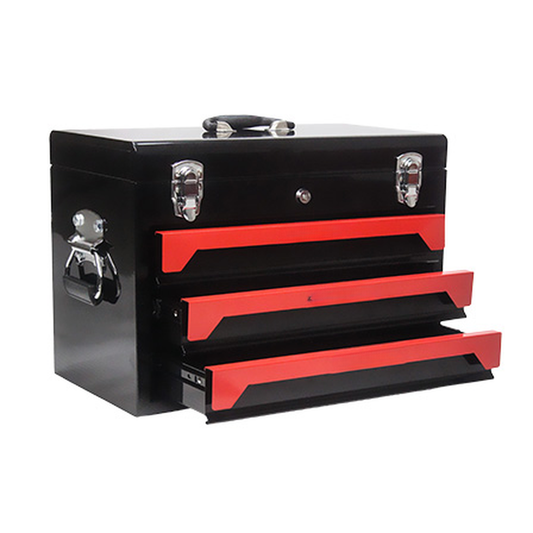 Black metal toolbox with red trim and three drawers