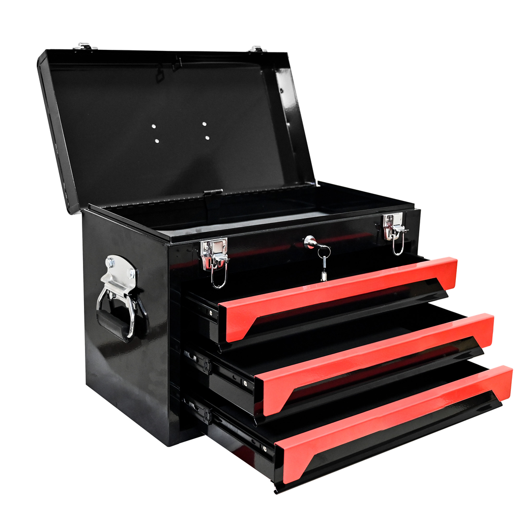 Black metal toolbox with three redtrimmed drawers open