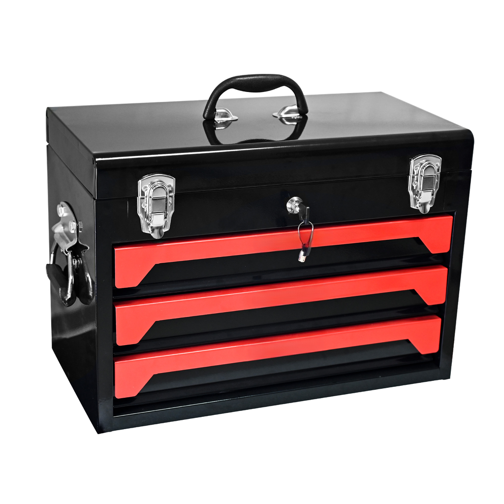 Black metal toolbox with three red drawers and a lock
