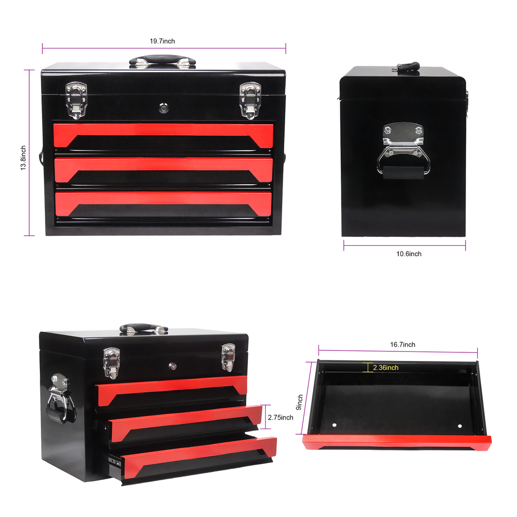 Black metal toolbox with red accents featuring three drawers and a lock