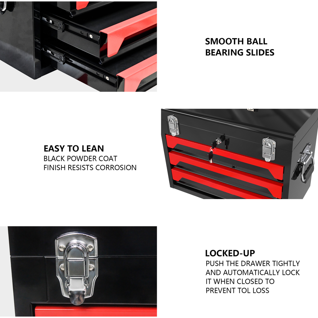 Black tool chest with red drawers featuring smooth ball bearing slides