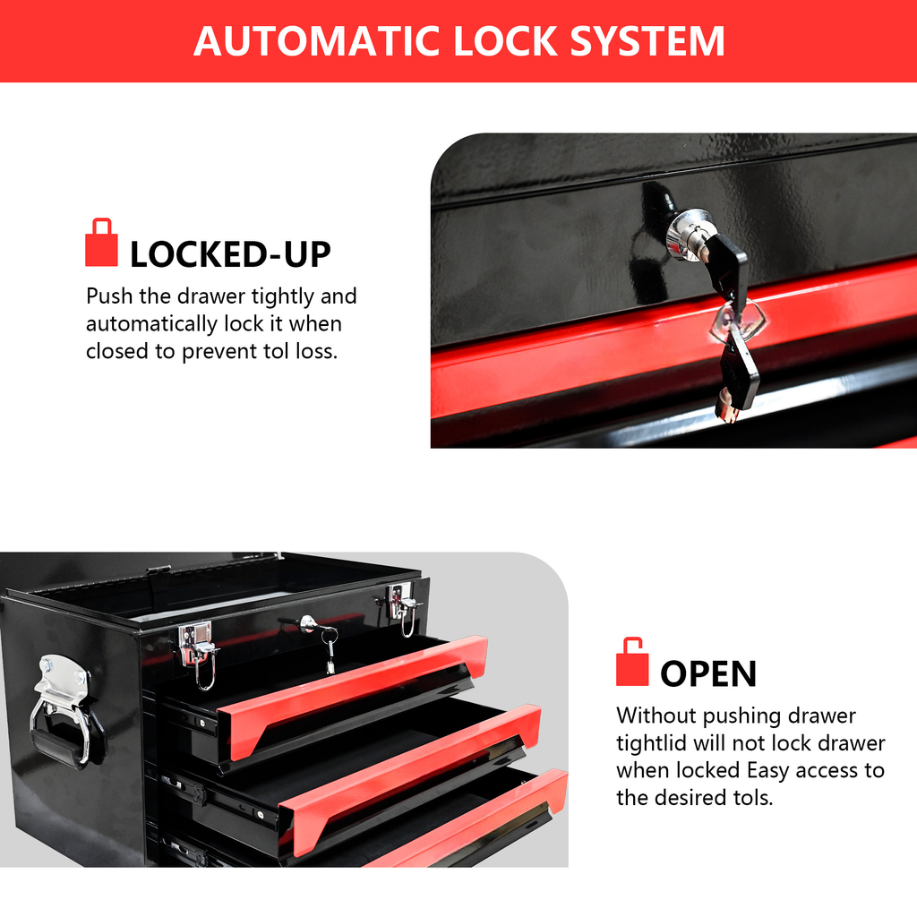Red and black threedrawer tool chest with automatic lock system