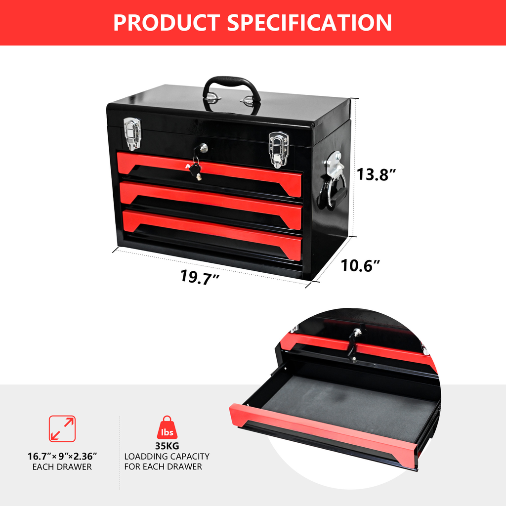 Black metal toolbox with red trim and three drawers dimensions  W x  H x  D