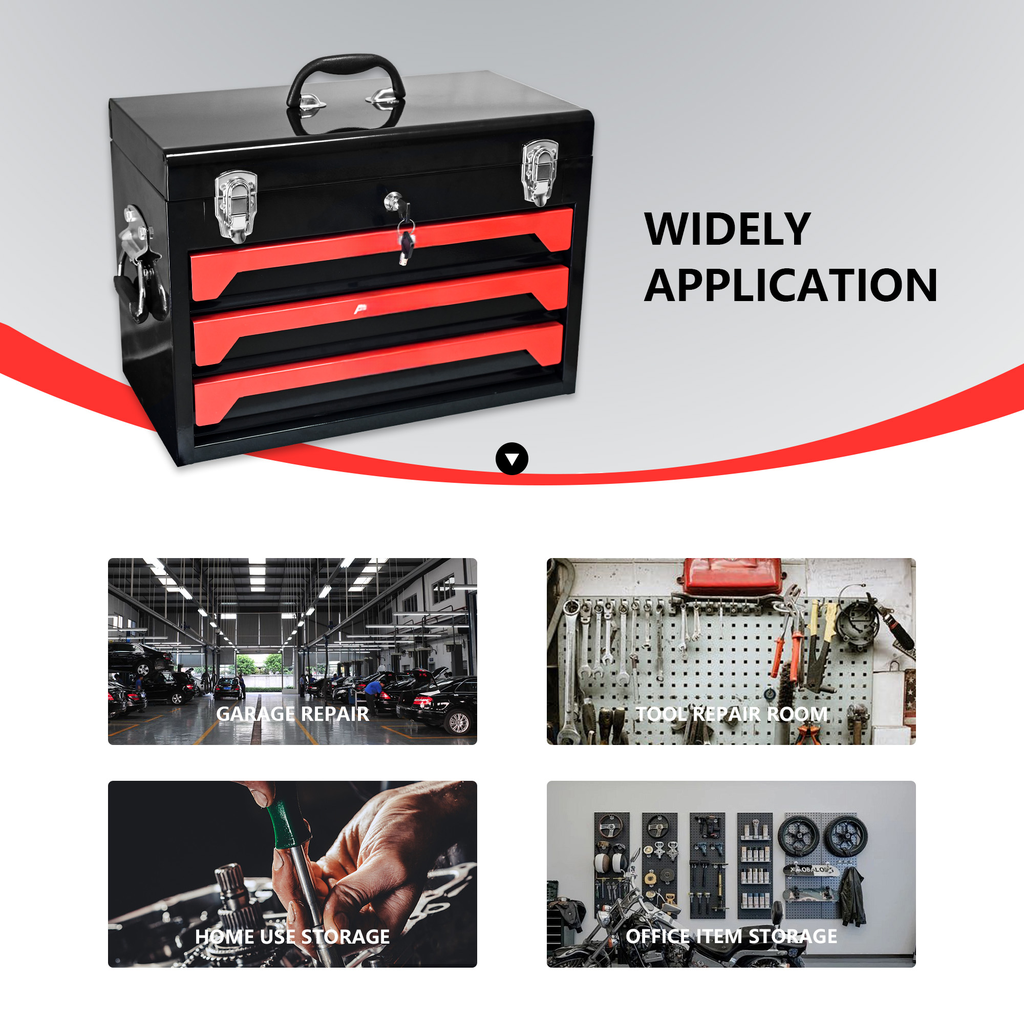 Black metal toolbox with three red drawers and silver latchs