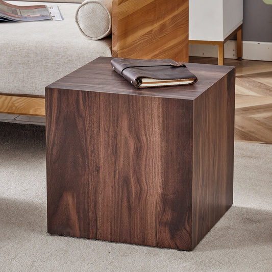 Modern dark wood cube end table with natural grain