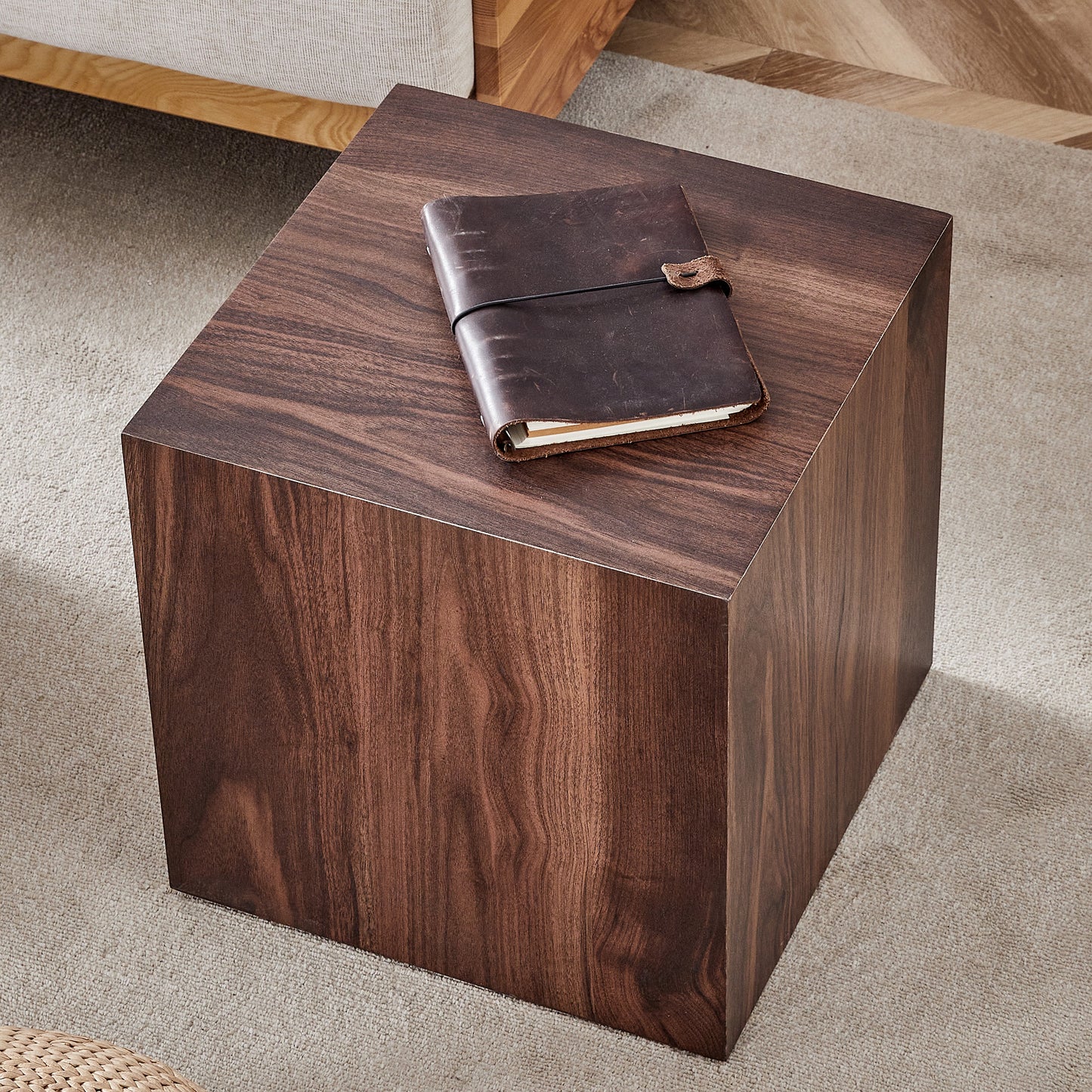 Dark walnut cube side table with natural wood grain