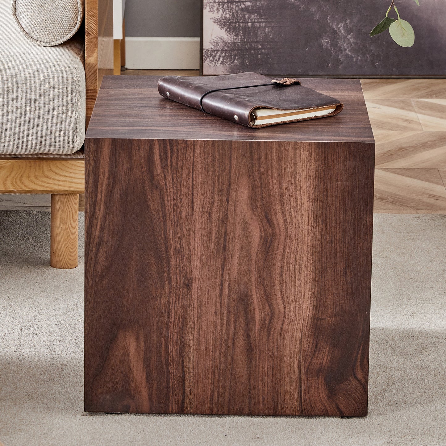 Walnut wood cube side table with natural grain texture