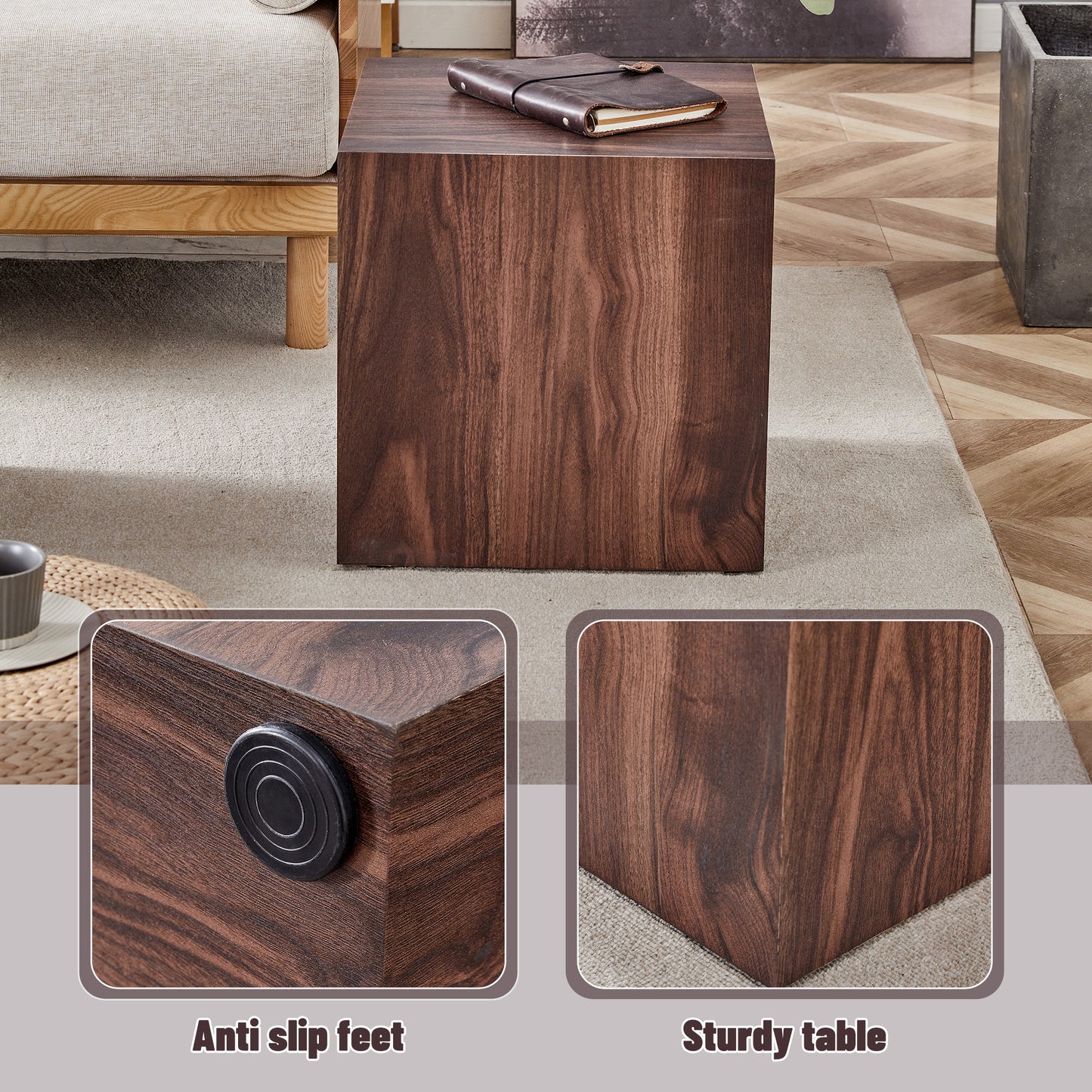 Dark wood cube side table with a brown leather journal on top