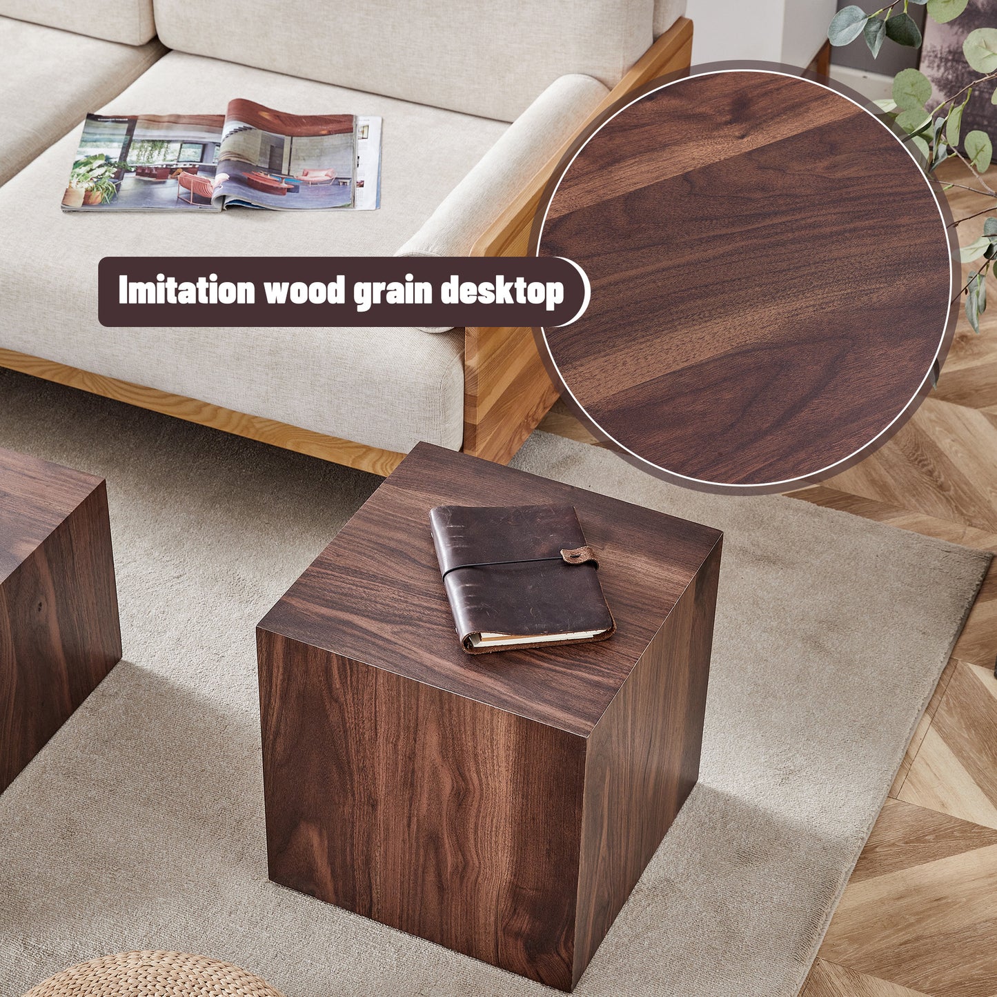 Dark brown imitation wood grain square side table with leatherbound journal