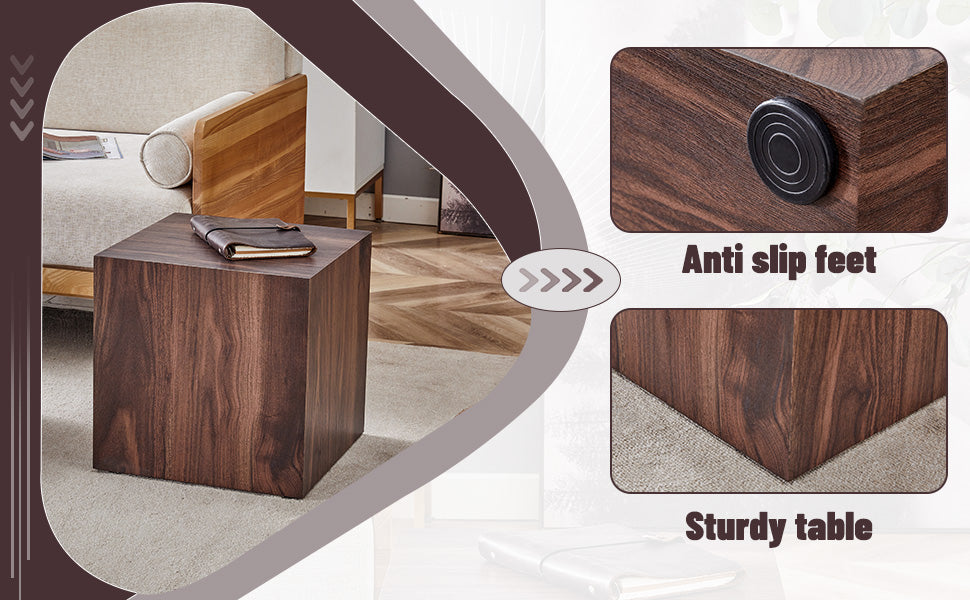 Dark walnut cube end table with a notebook on top