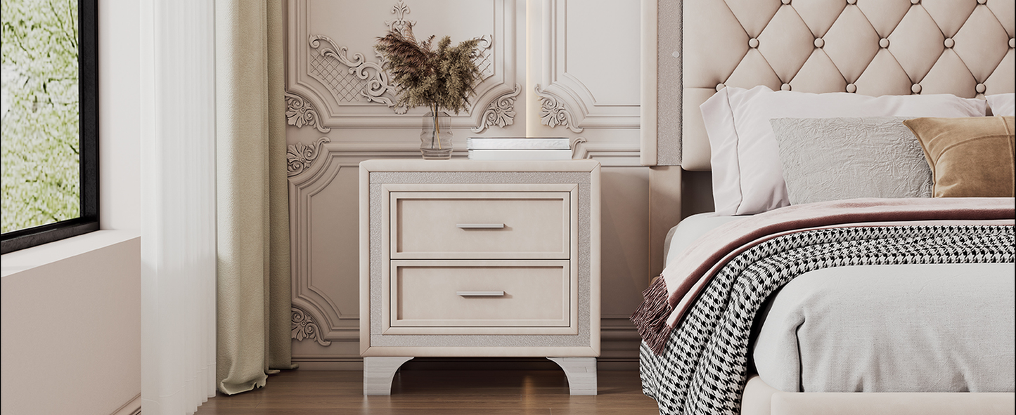 Elegant cream bedside table with two drawers and decorative trim