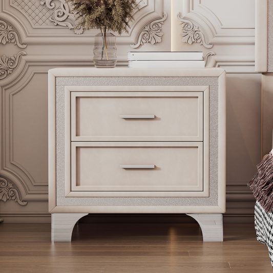 Elegant beige nightstand with two drawers and silver hardware