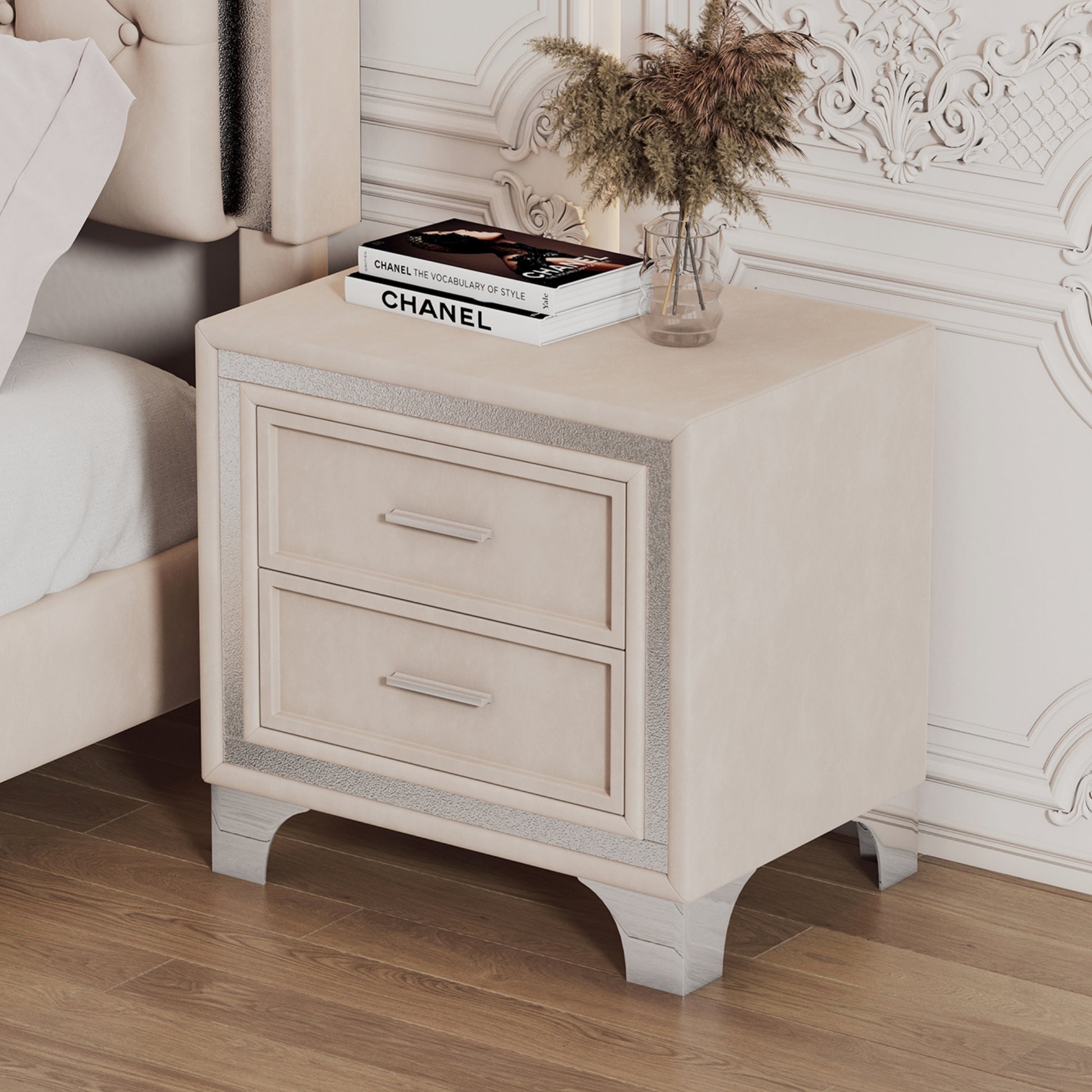 Elegant beige velvet nightstand with silver trim and chrome legs