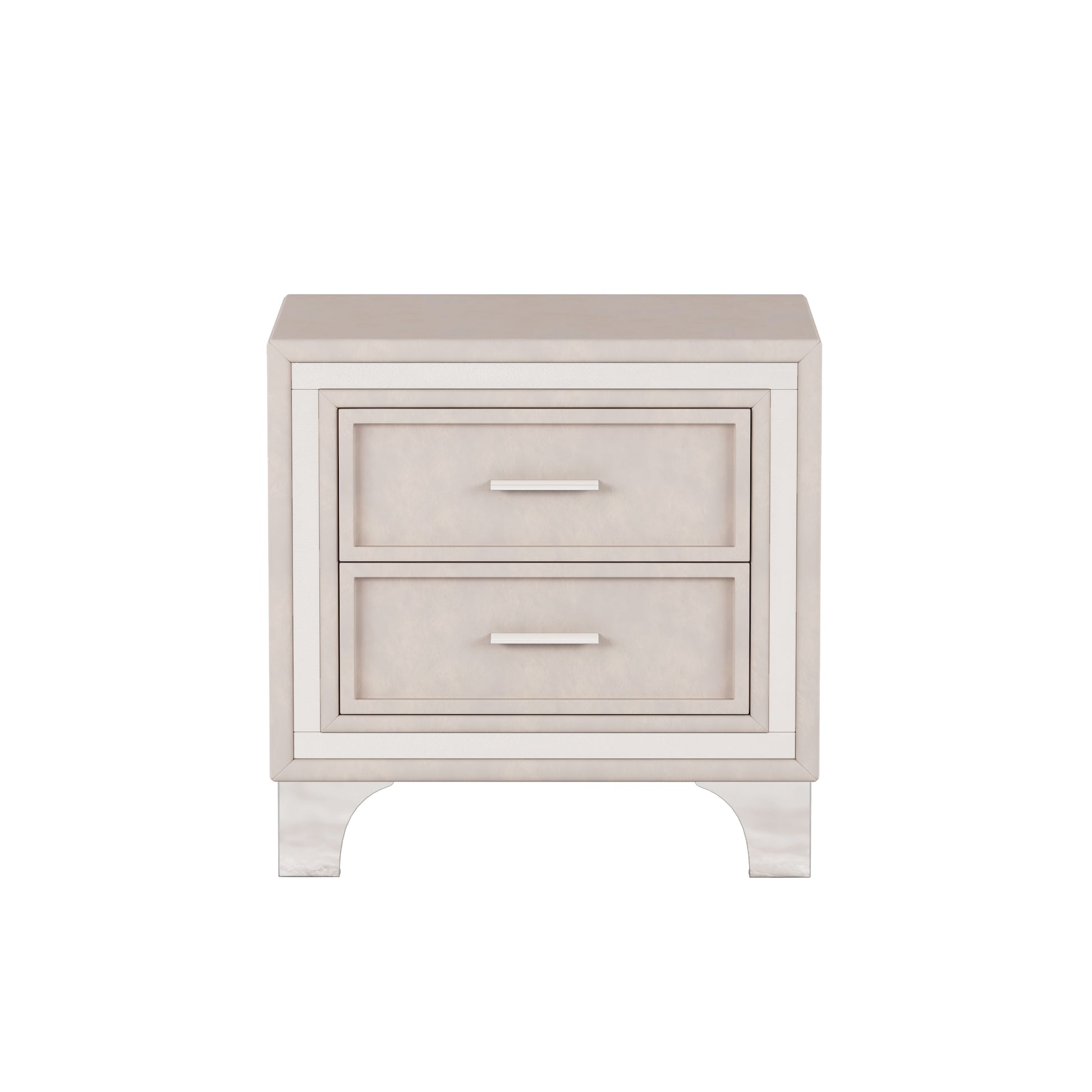 Twodrawer beige nightstand with silver drawer pulls and decorative trim