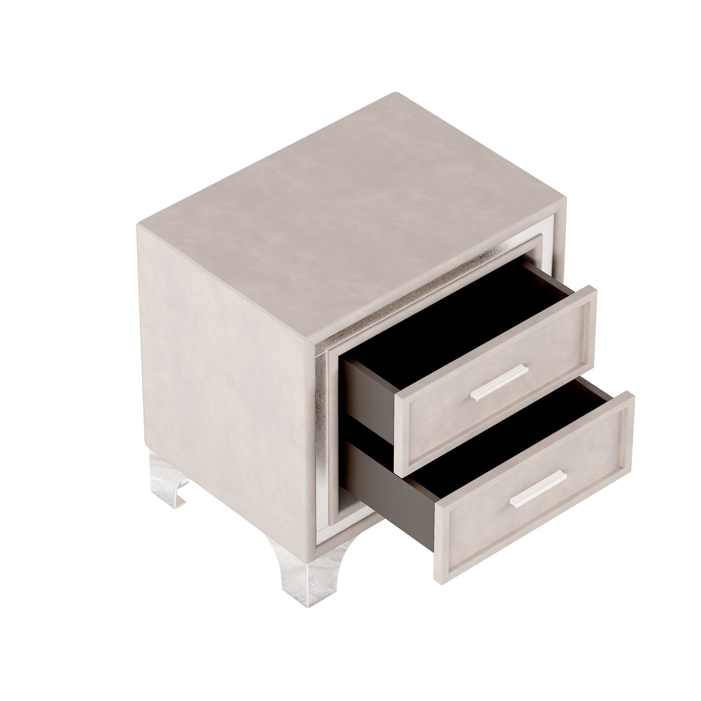 Cream nightstand with two drawers and silver hardware