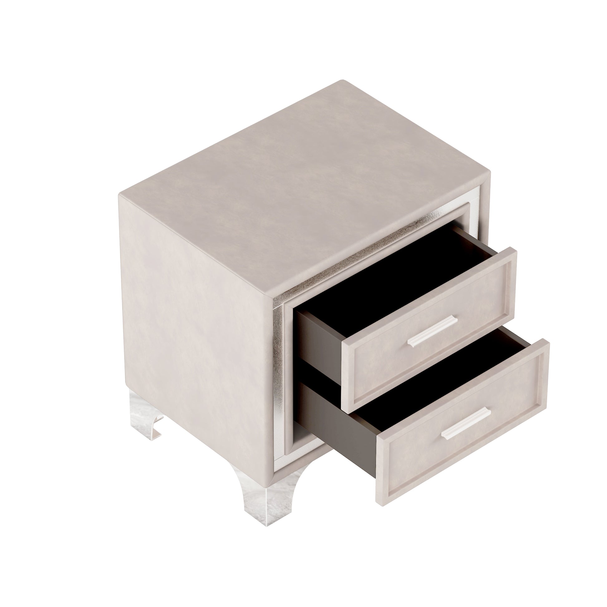Cream nightstand with two drawers and silver hardware