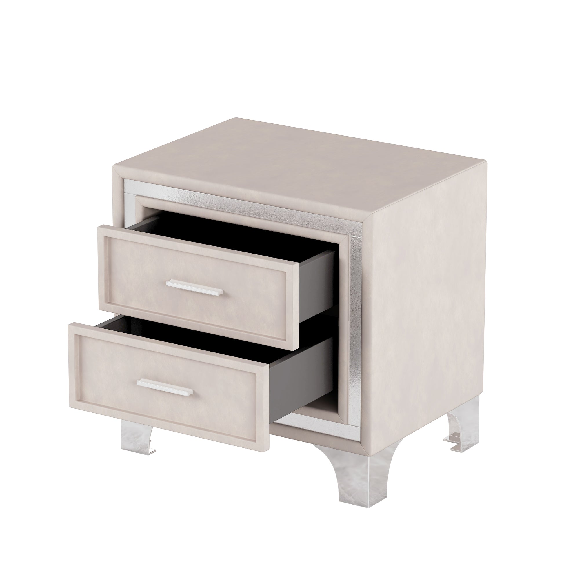 Elegant beige nightstand with silver trim and two drawers
