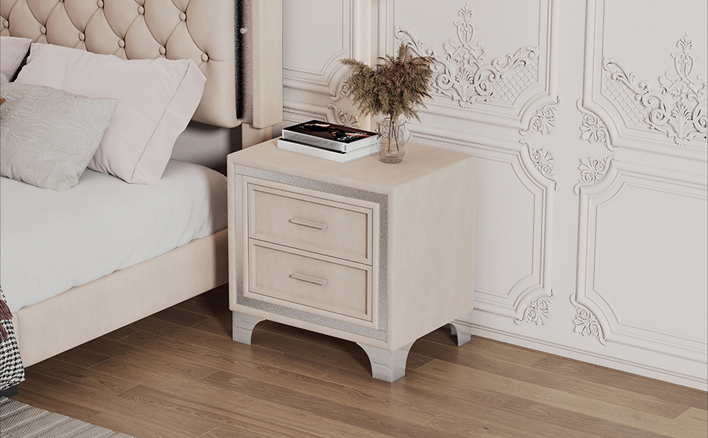Beige velvet nightstand with two drawers and silver trim details