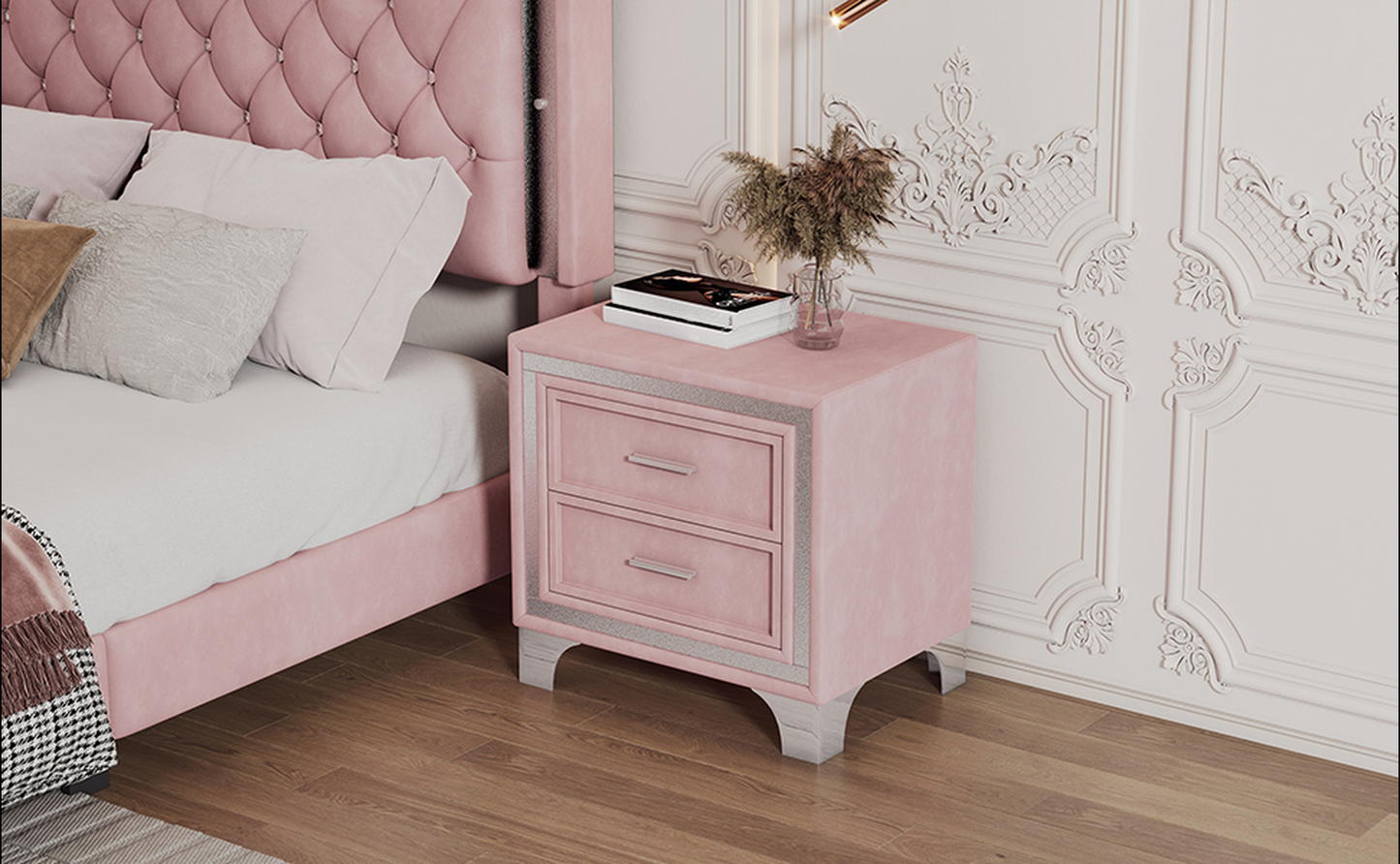 Dusty rose velvet nightstand with two drawers and silver trim